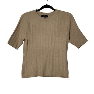 Lulus Ribbed Knit Short Sleeve Sweater Top Tan Beige Crew Neck Blouse Size Large